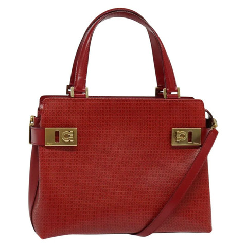 Salvatore Ferragamo Gancini 手提包 皮革 2 向 紅金 正品 141492