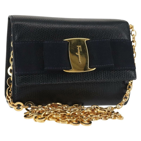 Salvatore Ferragamo 鏈條單肩包 皮革 黑金 正品 135348