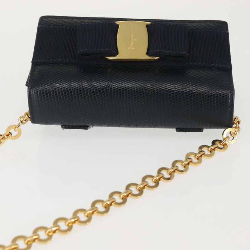 【日本直送】Salvatore Ferragamo 鏈條單肩包 皮革 黑金 正品 135348-5