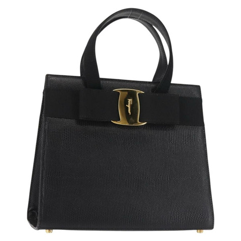 Salvatore Ferragamo Vala 手提包壓花皮革黑金色正品 BA5845