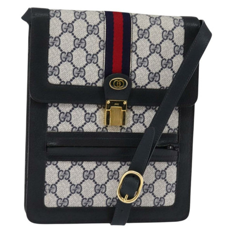 GUCCI GG Supreme Sherry Line 單肩包 PVC 海軍藍金紅色 正品 BA5636