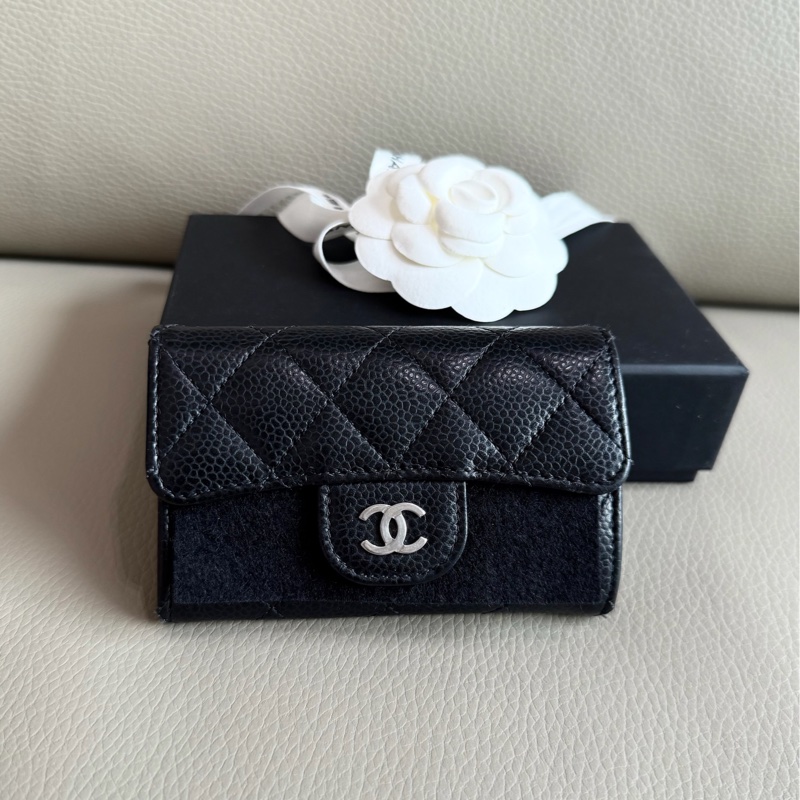 「M.Y精品」 Chanel 小香 卡包 零錢包 晶片款 荔枝皮 黑銀-0