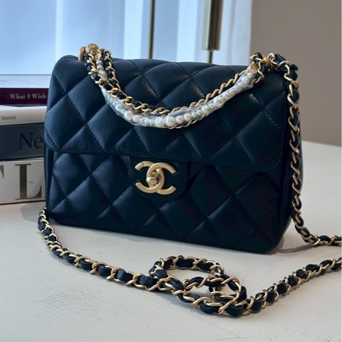 CHANEL 黑色珍珠鍊條CF  芯片款