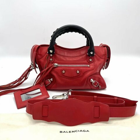 BALENCIAGA 紅色黑手柄mini機車包24*16*7 98新配件塵袋鏡子