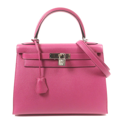 HERMES Epsom皮革Kelly 28銀扣手挽肩背兩用袋Rose Purple