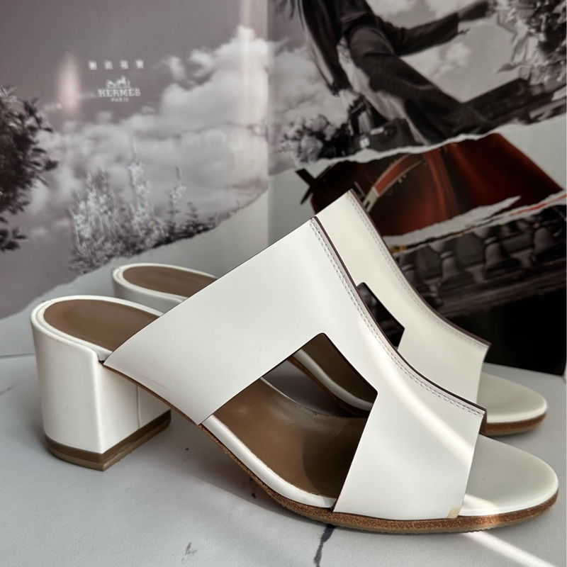 愛馬仕白色h粗跟拖鞋 氣質好看 還貼底-1