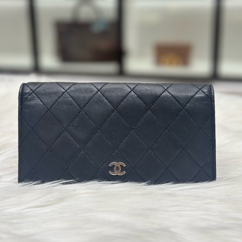 Chanel香奈兒 cf系列 黑銀羊皮菱格長款錢包 銀包 長夾-0