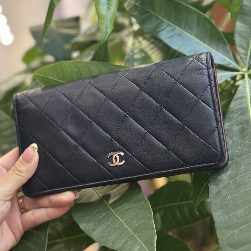 Chanel香奈兒 cf系列 黑銀羊皮菱格長款錢包 銀包 長夾-4