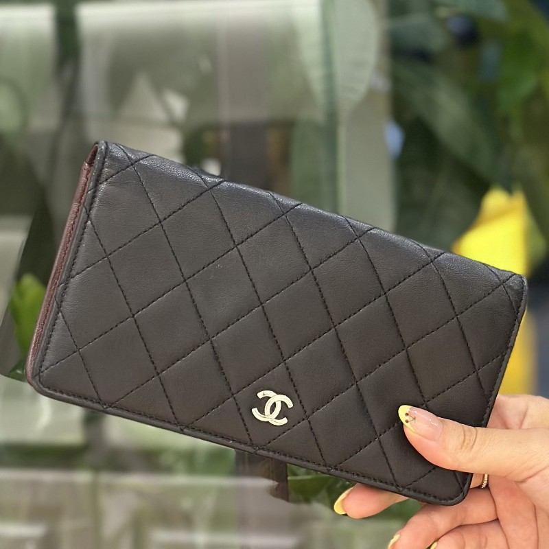Chanel香奈兒 cf系列 黑銀羊皮菱格長款錢包 銀包 長夾-5