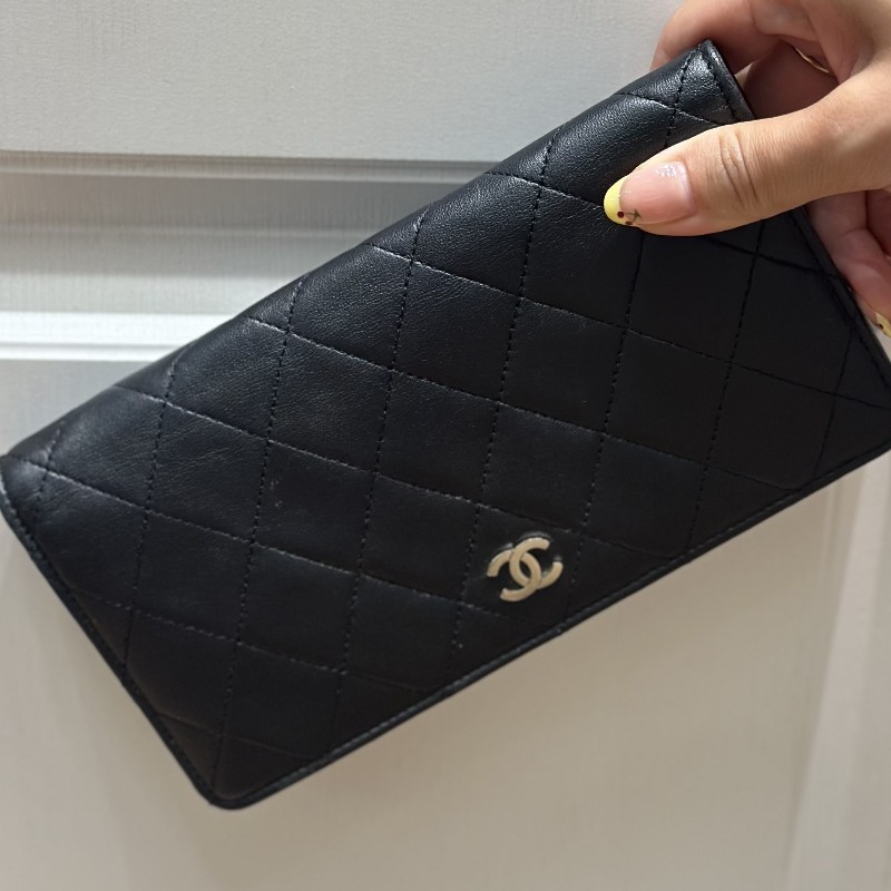 Chanel香奈兒 cf系列 黑銀羊皮菱格長款錢包 銀包 長夾-6