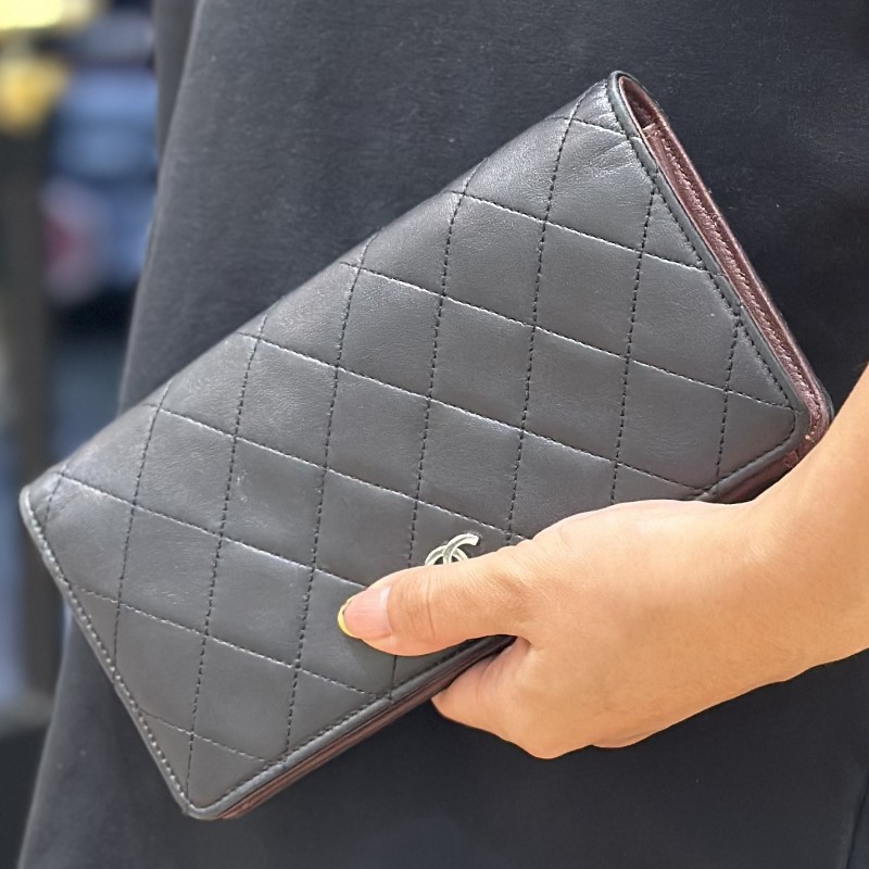 Chanel香奈兒 cf系列 黑銀羊皮菱格長款錢包 銀包 長夾-7