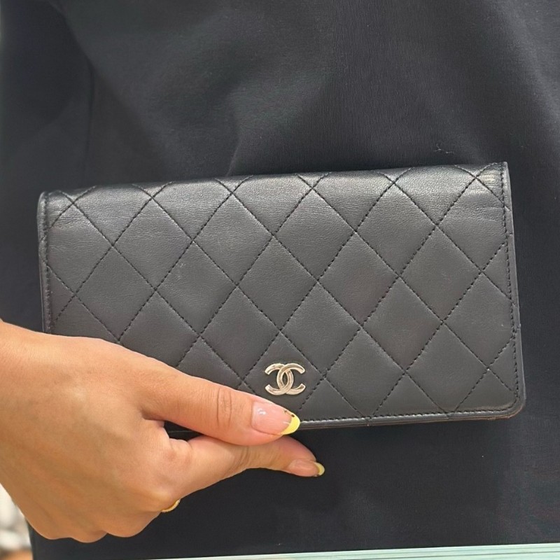 Chanel香奈兒 cf系列 黑銀羊皮菱格長款錢包 銀包 長夾-8