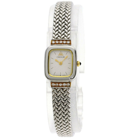 Seiko 1E70-5130 Credor 方形鑽石手錶，不鏽鋼/18K 白金，女士