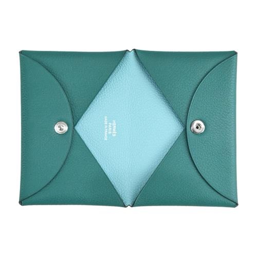 ［全新商品］Hermes Calvi 卡片包 Z6孔雀綠拼3P馬卡龍藍-7