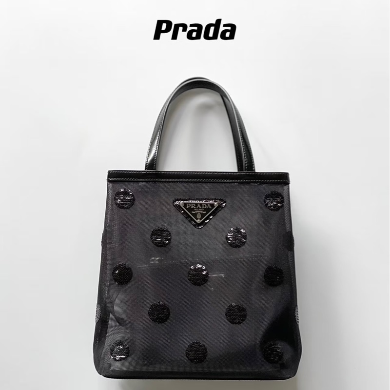 Prada 波點亮片 黑色網紗托特包-0