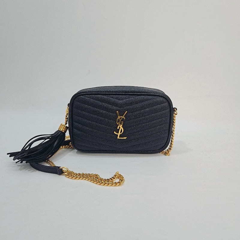 YSL 黑魚子醬牛皮金釦斜背流蘇相機包-0