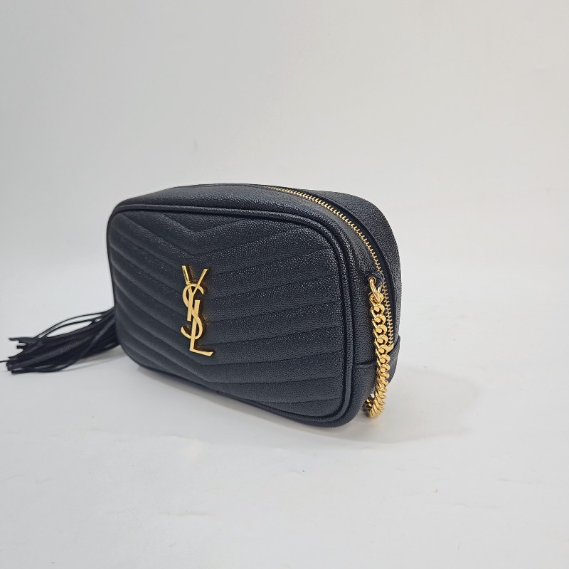 YSL 黑魚子醬牛皮金釦斜背流蘇相機包-3