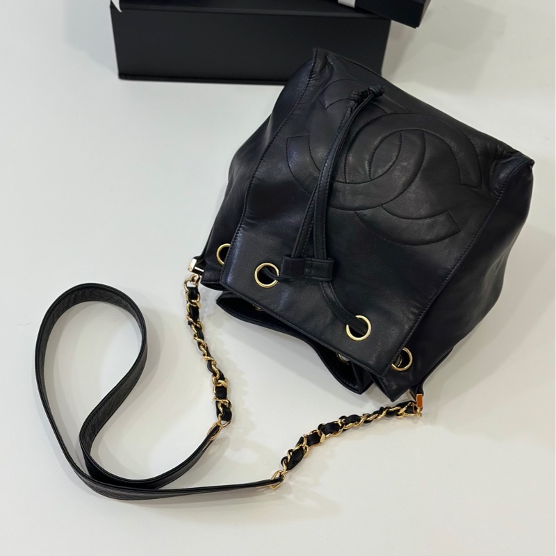 Chanel vintage 大C logo黑金 羊 子母包 水桶包 斜背包 肩背包 側背包 手提包-4