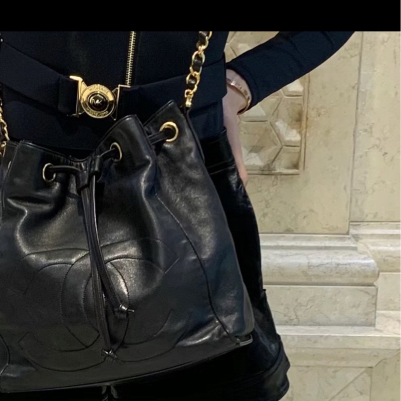 Chanel vintage 大C logo黑金 羊 子母包 水桶包 斜背包 肩背包 側背包 手提包-7