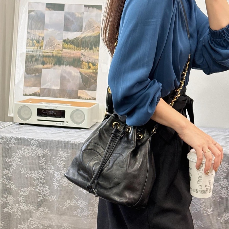 Chanel vintage 大C logo黑金 羊 子母包 水桶包 斜背包 肩背包 側背包 手提包-8