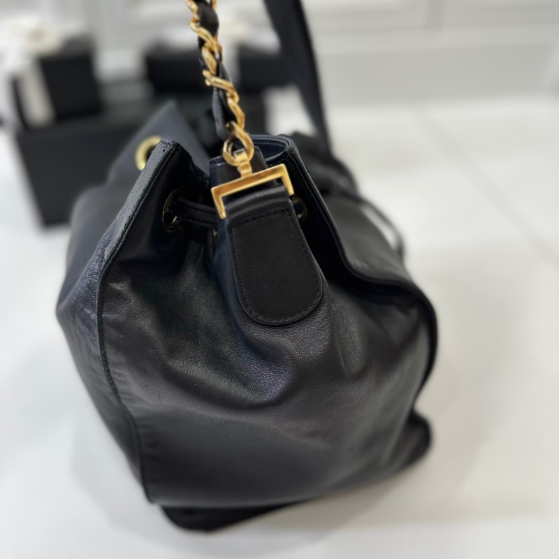 Chanel vintage 大C logo黑金 羊 子母包 水桶包 斜背包 肩背包 側背包 手提包-12