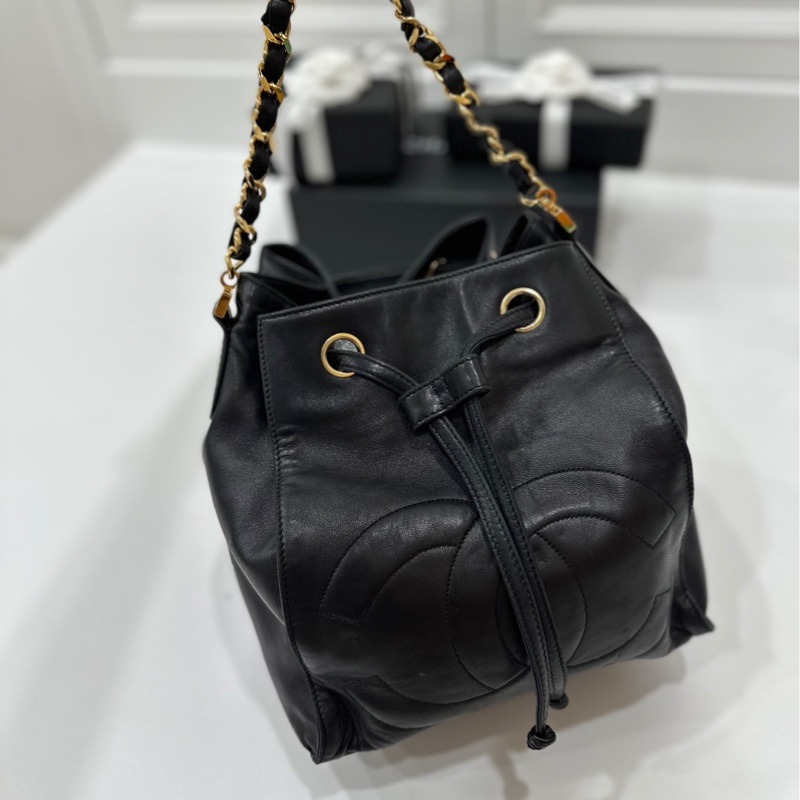 Chanel vintage 大C logo黑金 羊 子母包 水桶包 斜背包 肩背包 側背包 手提包-20