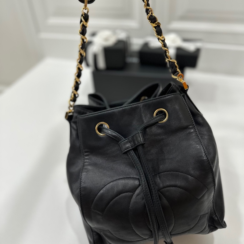 Chanel vintage 大C logo黑金 羊 子母包 水桶包 斜背包 肩背包 側背包 手提包-21