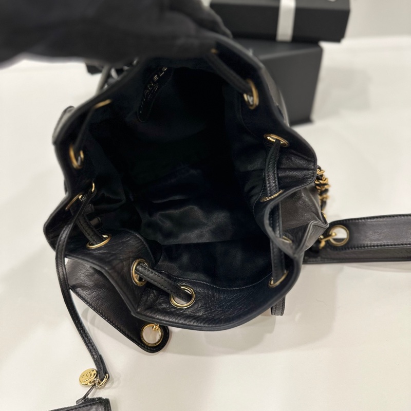 Chanel vintage 大C logo黑金 羊 子母包 水桶包 斜背包 肩背包 側背包 手提包-26