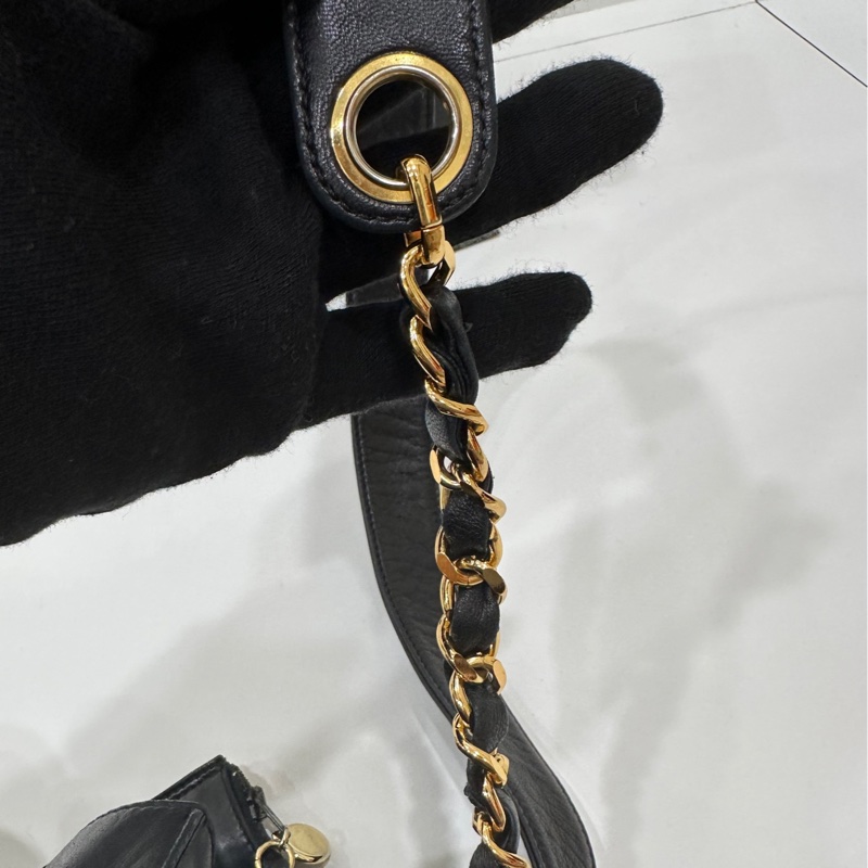 Chanel vintage 大C logo黑金 羊 子母包 水桶包 斜背包 肩背包 側背包 手提包-29