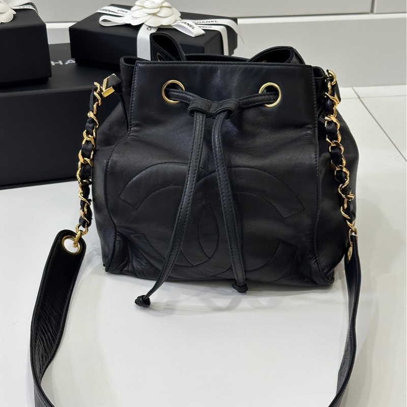 Chanel vintage 大C logo黑金 羊 子母包 水桶包 斜背包 肩背包 側背包 手提包-32