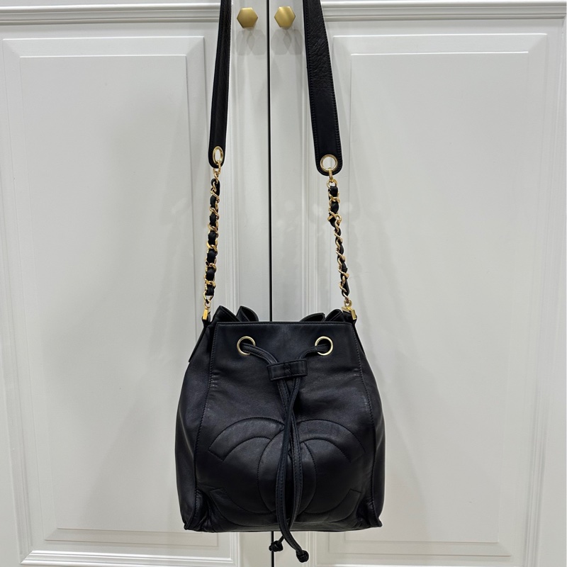 Chanel vintage 大C logo黑金 羊 子母包 水桶包 斜背包 肩背包 側背包 手提包-33