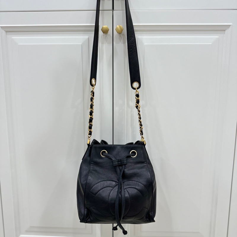 Chanel vintage 大C logo黑金 羊 子母包 水桶包 斜背包 肩背包 側背包 手提包-34