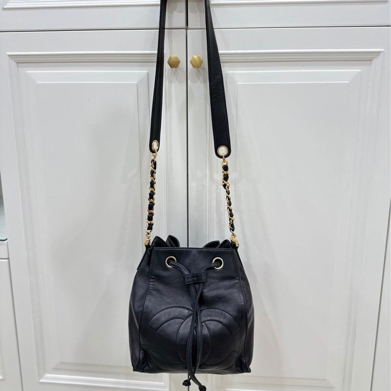 Chanel vintage 大C logo黑金 羊 子母包 水桶包 斜背包 肩背包 側背包 手提包-35