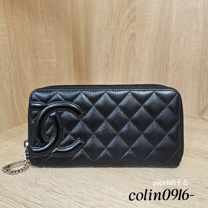 [絕版品好物件😊] Chanel 黑牛皮菱格康朋銀釦拉鏈長夾-0