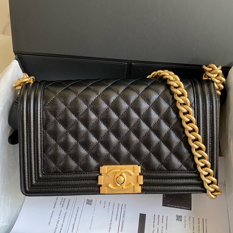 Chanel Boy25 中號 黑金荔枝皮 晶片款