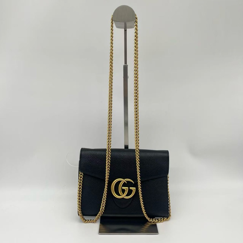 「JL精品代購」9新Gucci黑金牛皮馬蒙信封woc鏈條包-0