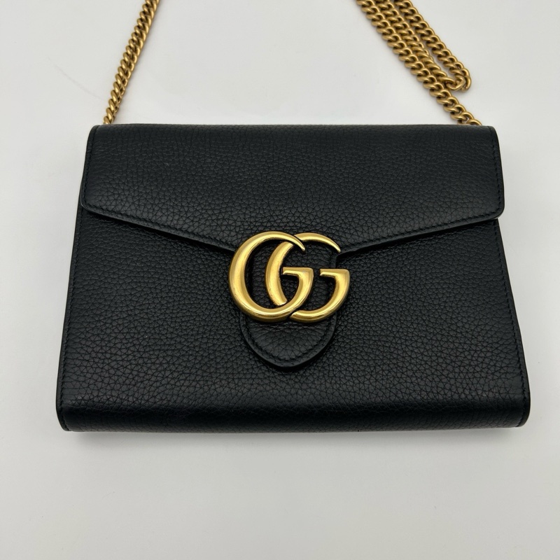 「JL精品代購」9新Gucci黑金牛皮馬蒙信封woc鏈條包-4