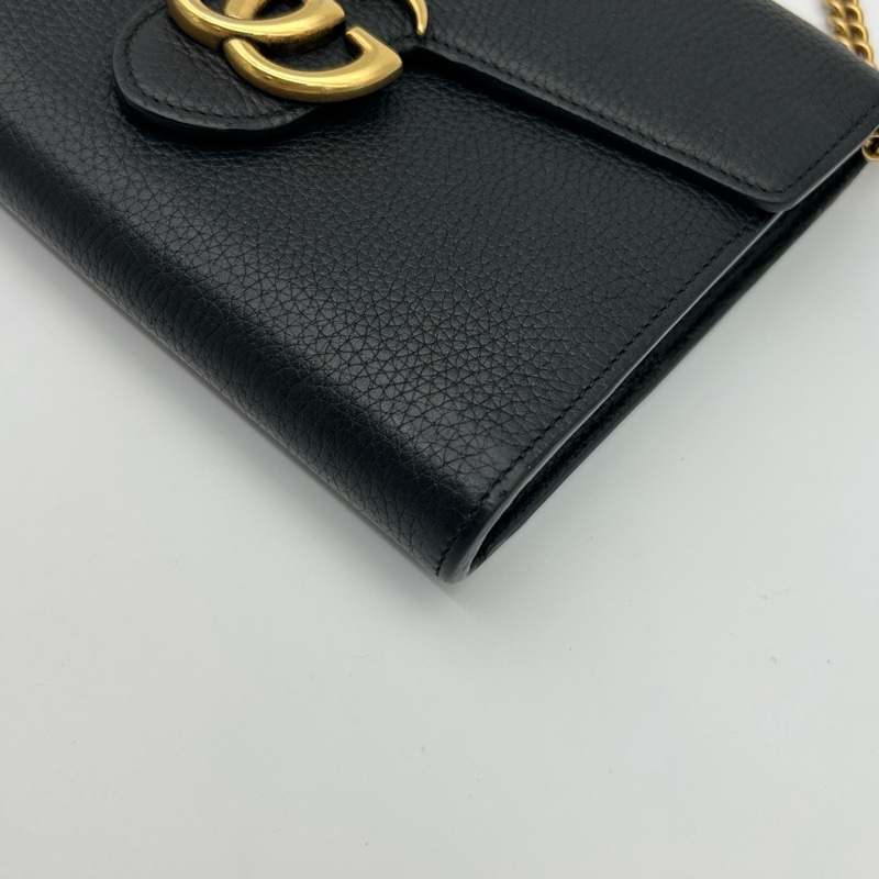 「JL精品代購」9新Gucci黑金牛皮馬蒙信封woc鏈條包-17