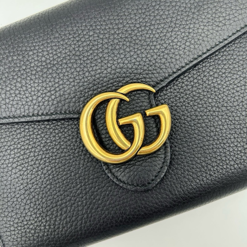 「JL精品代購」9新Gucci黑金牛皮馬蒙信封woc鏈條包-18