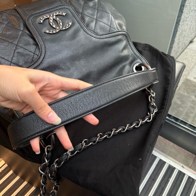 Chanel/香奈兒 2way菠蘿扣元寶機場包 hobo 黑銀魚子醬 肩背包-8