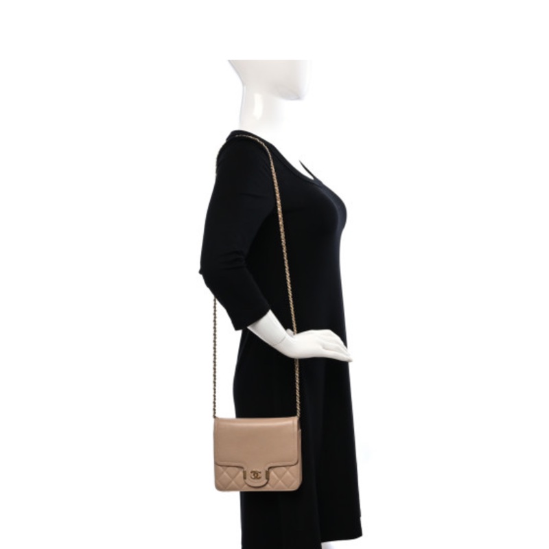 Chanel 牛皮奶茶色純色菱格絎縫雙C logo斜挎包單肩包Archi Chic-4