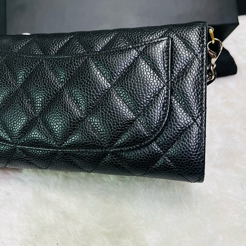 CHANEL 香奈兒銀色CC LOGO粒紋小牛皮拉錬經 典長夾(黑色)-9