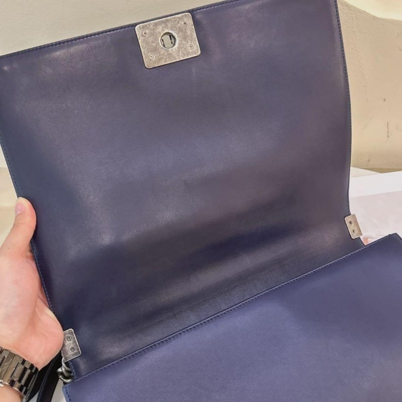 Chanel leboy 藍銀 大號 30cm 荔枝羊皮 肩背包-9