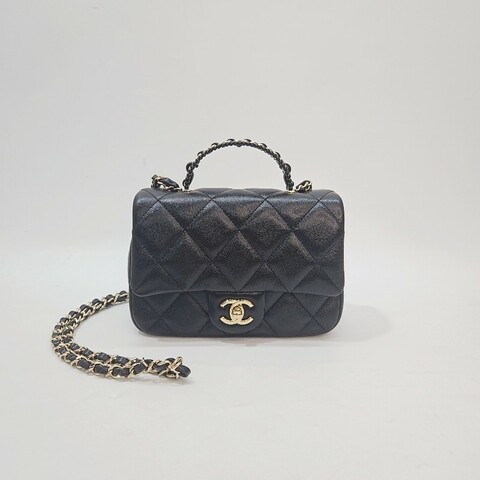 CHANEL 黑羊皮淡金扣黑珍珠拼皮穿鏈斜背包