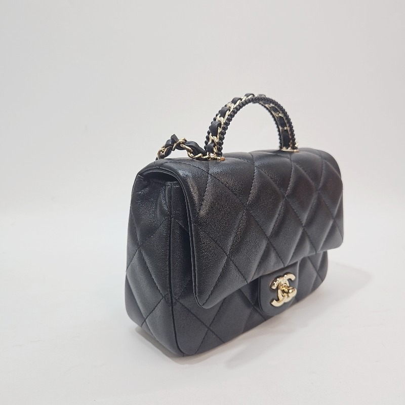 CHANEL 黑羊皮淡金扣黑珍珠拼皮穿鏈斜背包-5