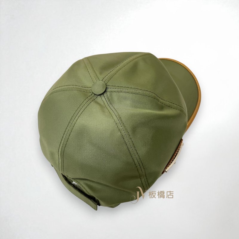 PRADA帽子 軍綠色尼龍駝色包邊棒球帽2HC274-8
