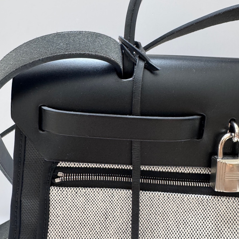 HERMES 黑銀 防水帆布 herbag31 Z刻 內裡熊貓色編織款(可翻面)(可小議)-5
