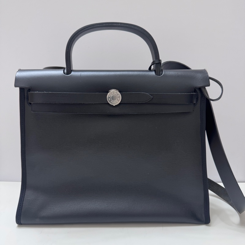 HERMES 黑銀 防水帆布 herbag31 Z刻 內裡熊貓色編織款(可翻面)(可小議)-7