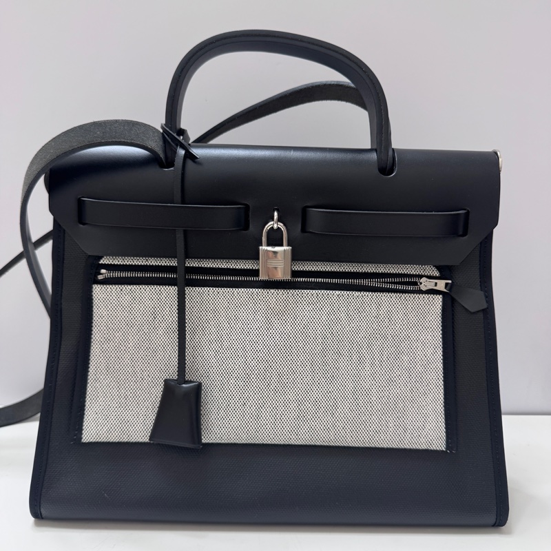 HERMES 黑銀 防水帆布 herbag31 Z刻 內裡熊貓色編織款(可翻面)(可小議)-10