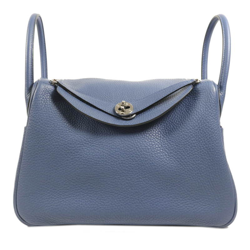 HERMES Clemence皮革Lindy 30銀扣手挽肩背兩用袋Bleu Brighton-0